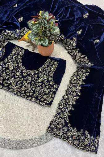 Blue Color Embroidery work Velvet Saree