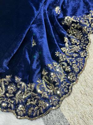 Blue Color Embroidery work Velvet Saree 3