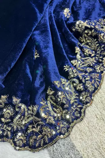 Blue Color Embroidery work Velvet Saree