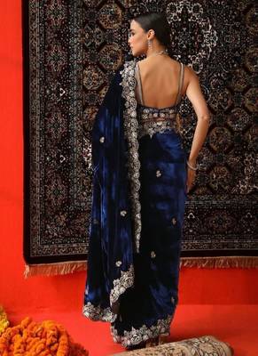 Blue Color Embroidery work Velvet Saree 5