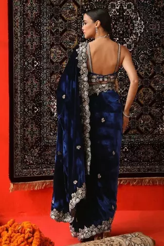 Blue Color Embroidery work Velvet Saree