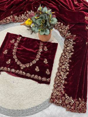Maroon Color Embroidery work Velvet Saree 1