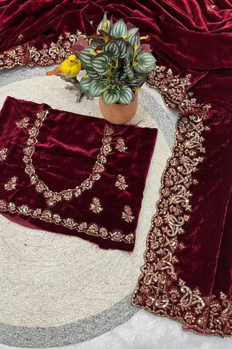 Maroon Color Embroidery work Velvet Saree