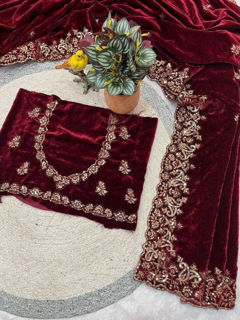 Maroon Color Embroidery work Velvet Saree