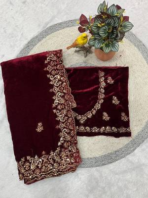 Maroon Color Embroidery work Velvet Saree 2