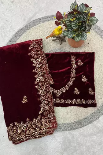 Maroon Color Embroidery work Velvet Saree