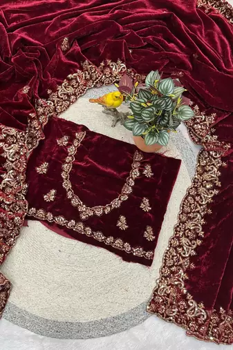 Maroon Color Embroidery work Velvet Saree