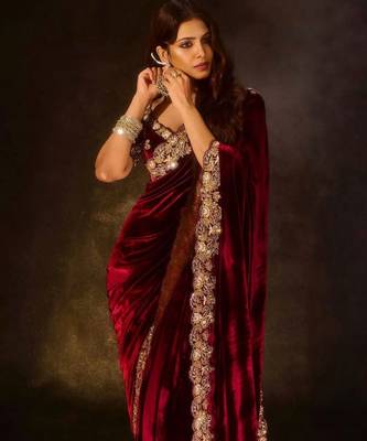 Maroon Color Embroidery work Velvet Saree 4