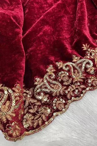 Maroon Color Embroidery work Velvet Saree