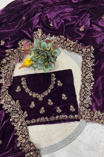 Purple Color Embroidery work Velvet Saree