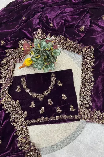 Purple Color Embroidery work Velvet Saree