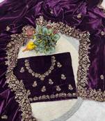 Purple Color Embroidery work Velvet Saree