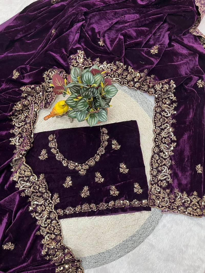 Purple Color Embroidery work Velvet Saree