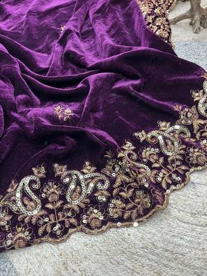 Purple Color Embroidery work Velvet Saree 2
