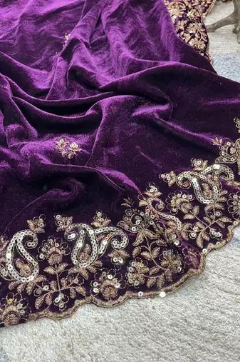 Purple Color Embroidery work Velvet Saree