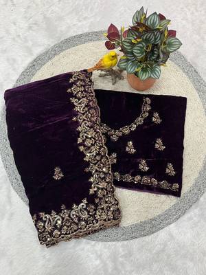 Purple Color Embroidery work Velvet Saree 3