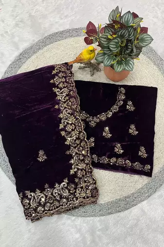 Purple Color Embroidery work Velvet Saree