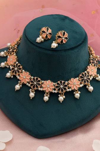 Peach & black color meenakari necklace set