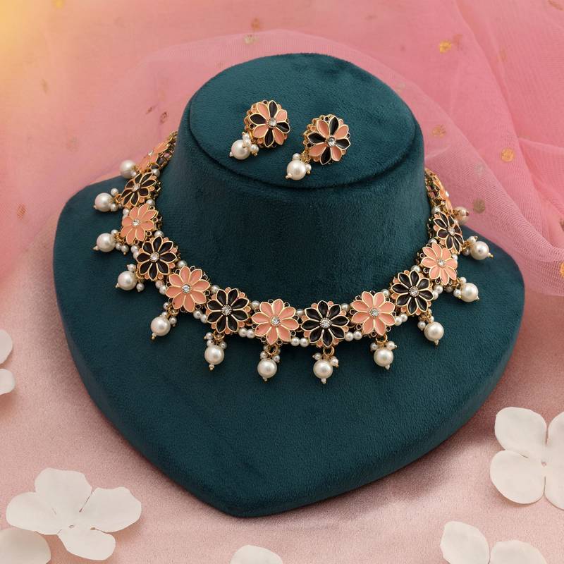 Peach & black color meenakari necklace set