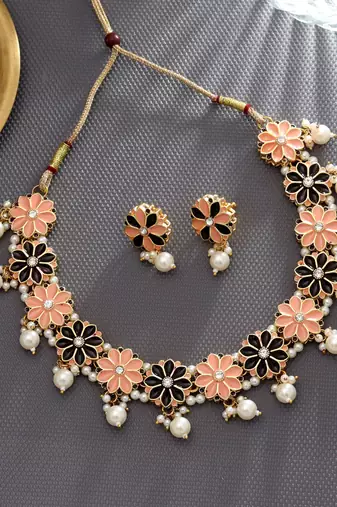 Peach & black color meenakari necklace set