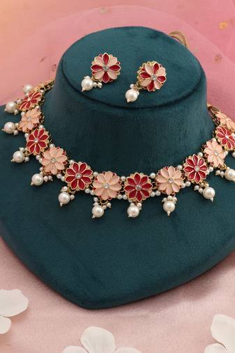 Rani & peach color meenakari necklace set