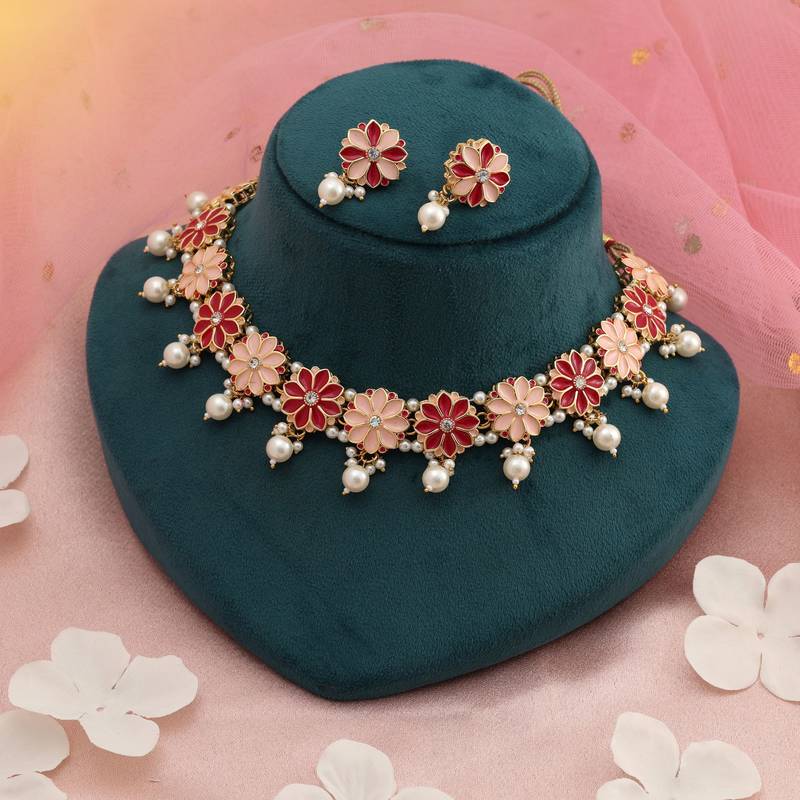 Rani & peach color meenakari necklace set