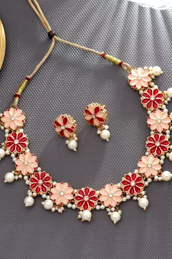 Rani & peach color meenakari necklace set