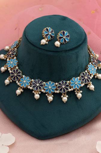 Firozi & blue color meenakari necklace set