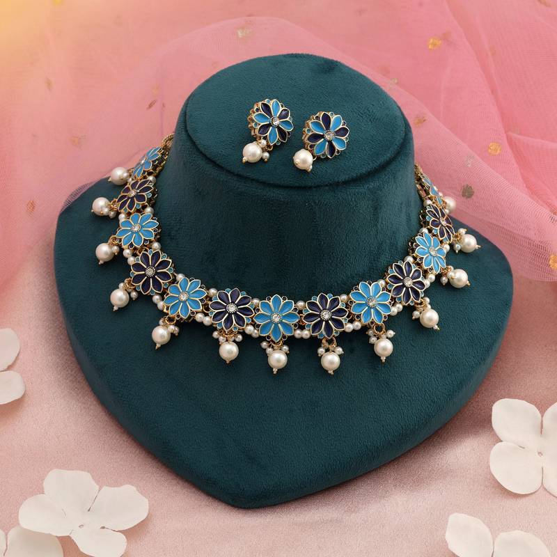 Firozi & blue color meenakari necklace set