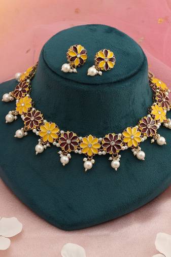 Yellow & maroon color meenakari necklace set
