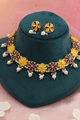 Yellow & maroon color meenakari necklace set