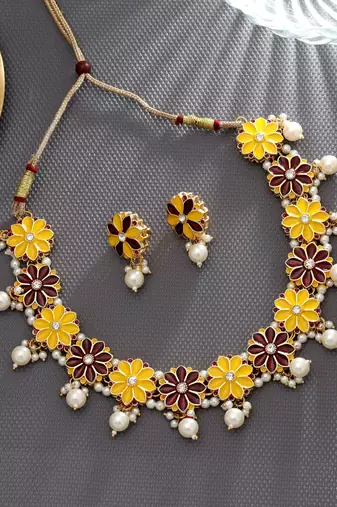 Yellow & maroon color meenakari necklace set