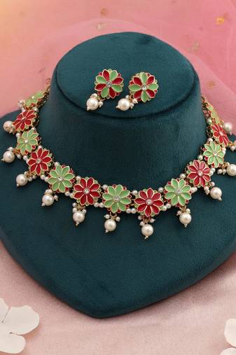 Rani & pista green color meenakari necklace set