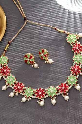 Rani & pista green color meenakari necklace set