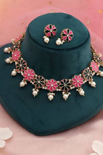 Pink & green color meenakari necklace set