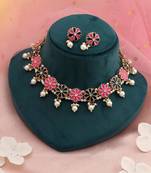 Pink & green color meenakari necklace set