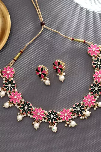 Pink & green color meenakari necklace set