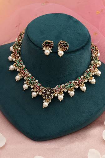 Maroon & green color meenakari necklace set