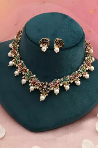 Maroon & green color meenakari necklace set
