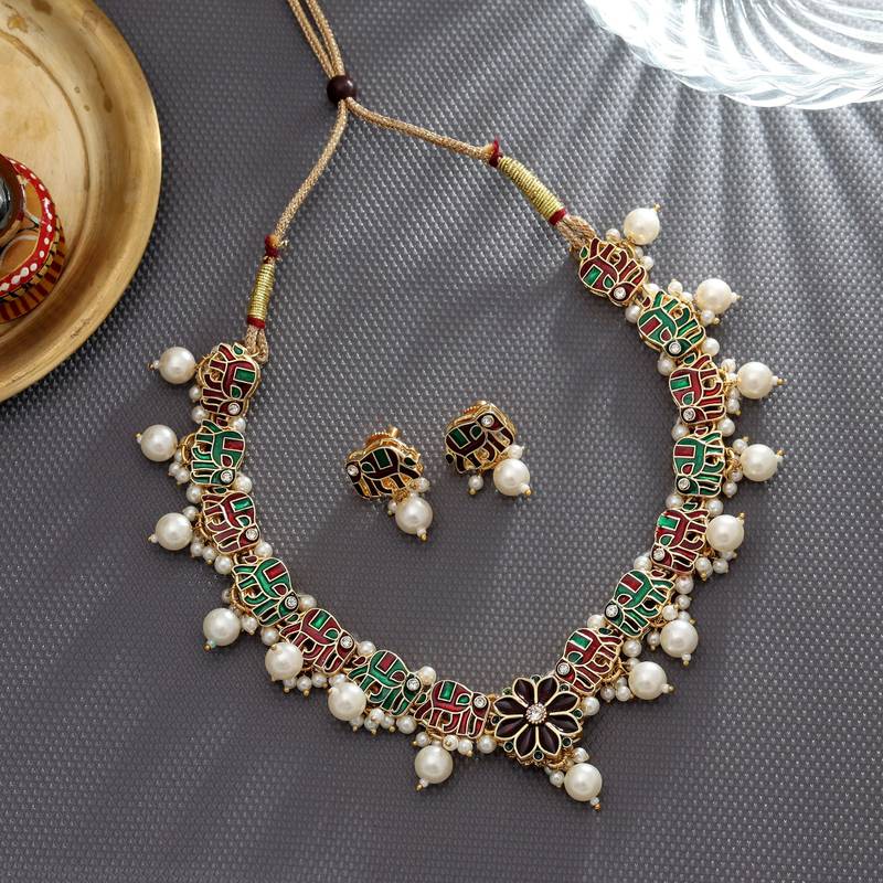 Maroon & green color meenakari necklace set
