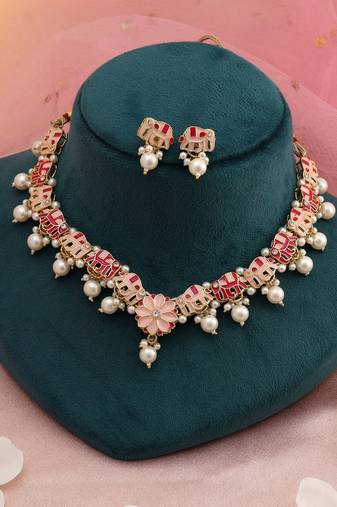 Rani & peach color meenakari necklace set