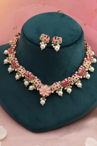 Rani & peach color meenakari necklace set