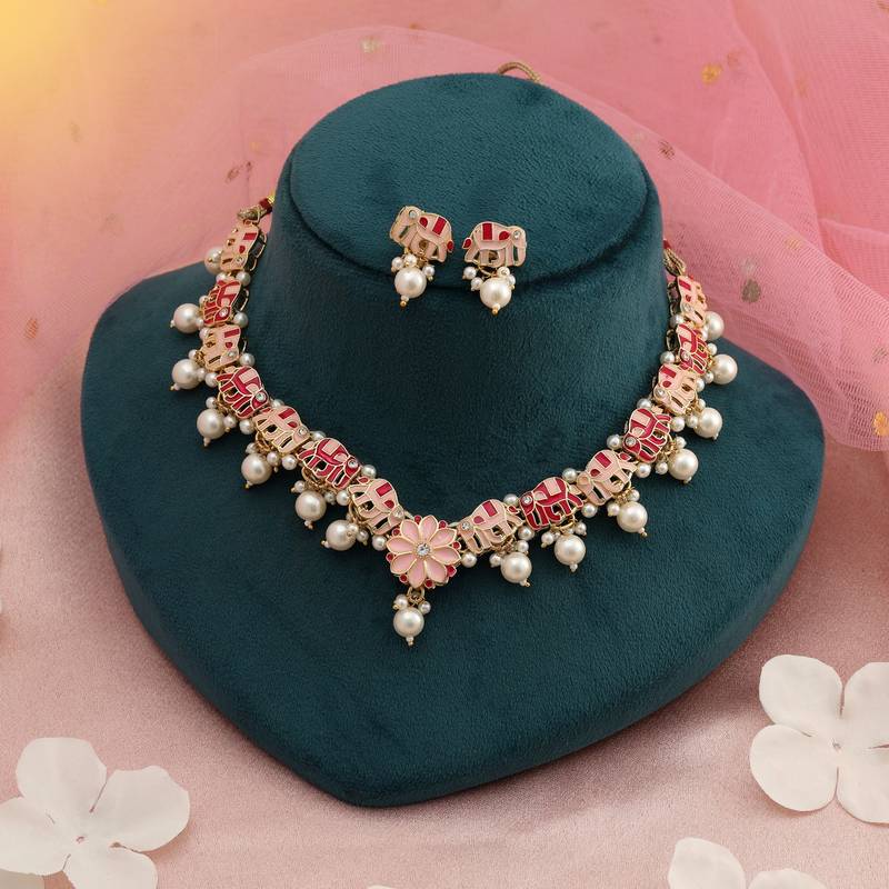 Rani & peach color meenakari necklace set