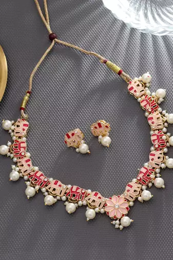 Rani & peach color meenakari necklace set