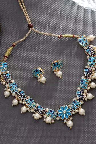Firozi & blue color meenakari necklace set