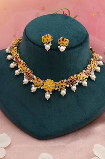 Yellow & red color meenakari necklace set