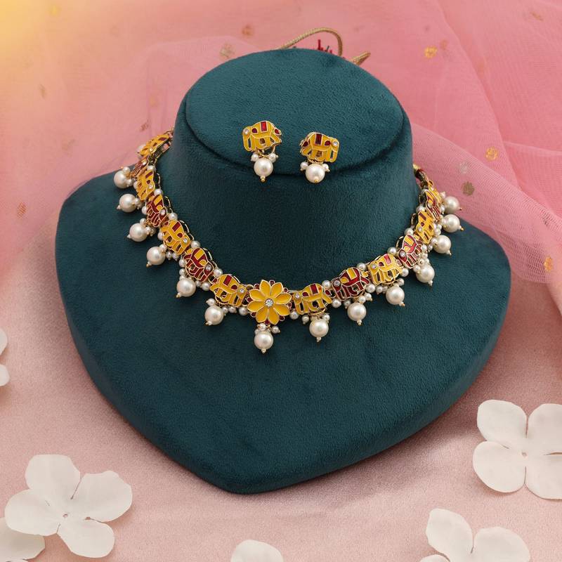 Yellow & red color meenakari necklace set