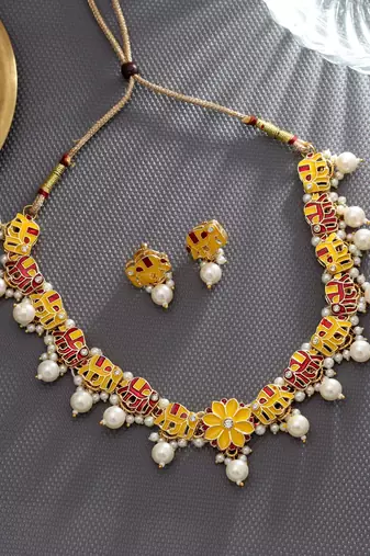 Yellow & red color meenakari necklace set