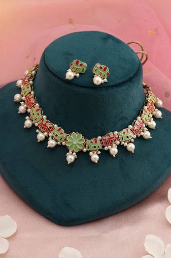 Rani & pista green color meenakari necklace set
