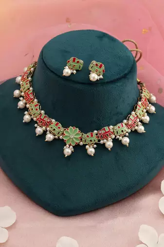 Rani & pista green color meenakari necklace set